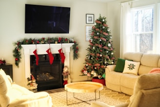 a living room with a christmas tree