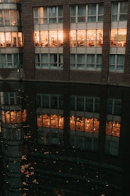 A modern building with large windows showcases a warmly lit interior, creating a cozy ambiance. The reflection on the calm water below mirrors the building, enhancing the serene atmosphere. The scene is set during dusk or night, with lights in the building standing out against the dark environment.