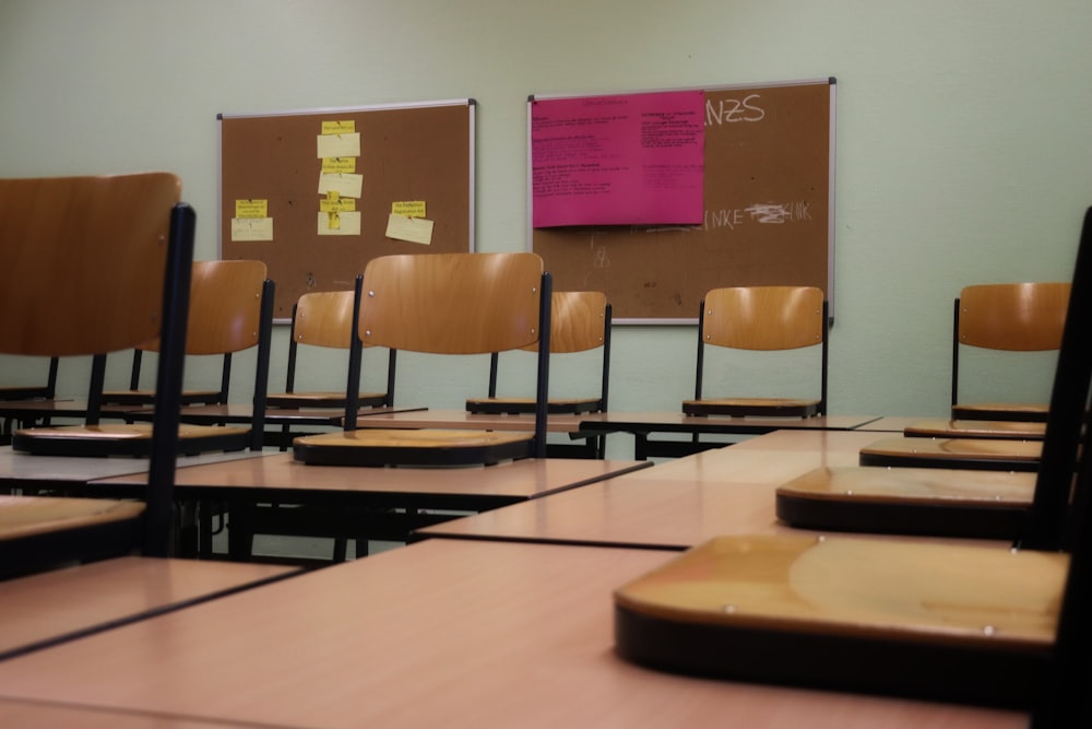 a classroom with a large board