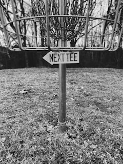 A disc golf basket stands in an outdoor setting, surrounded by leafless trees and a grassy area. Attached to the basket is a wooden arrow sign pointing with the words 'NEXT TEE'. The photo is in black and white, giving it a nostalgic feel.