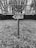 A disc golf basket stands in an outdoor setting, surrounded by leafless trees and a grassy area. Attached to the basket is a wooden arrow sign pointing with the words 'NEXT TEE'. The photo is in black and white, giving it a nostalgic feel.