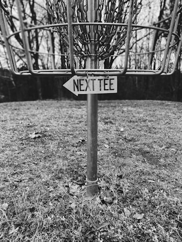 A disc golf basket stands in an outdoor setting, surrounded by leafless trees and a grassy area. Attached to the basket is a wooden arrow sign pointing with the words 'NEXT TEE'. The photo is in black and white, giving it a nostalgic feel.