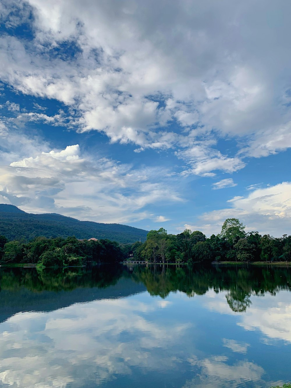 a body of water with trees and mountains in the background