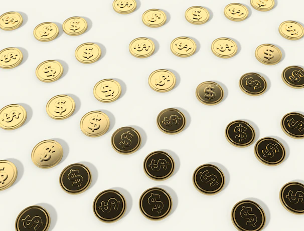 A collection of golden coins and casino chips scattered around a digital slot interface.
