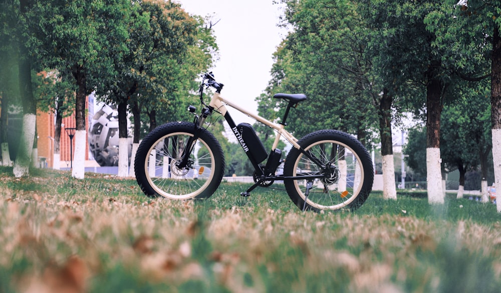 a bicycle parked in a grassy area