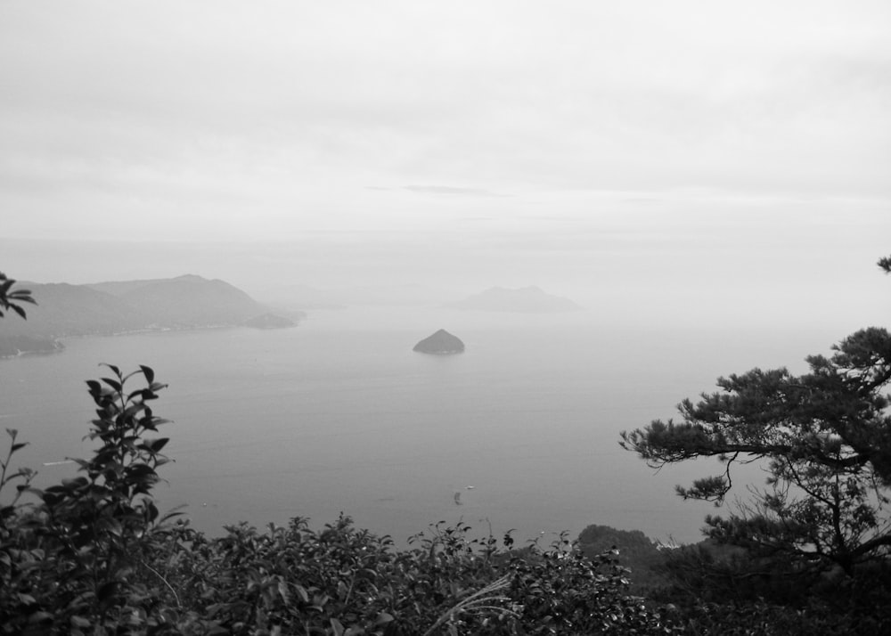 a body of water with trees and hills around it