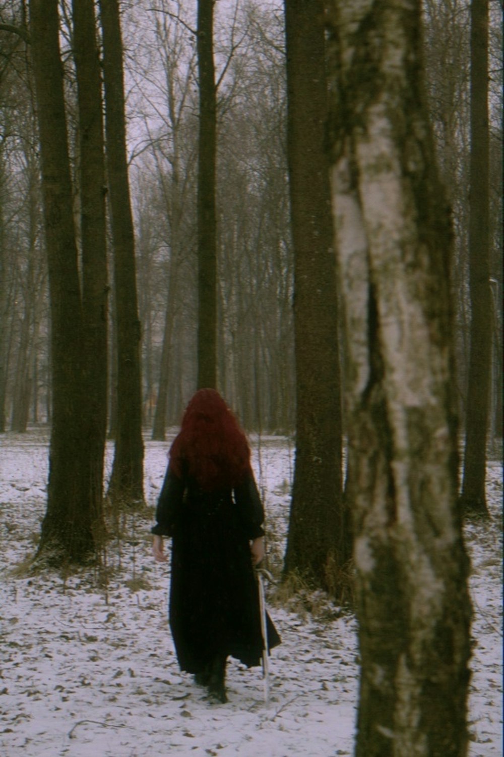 a man walking through a snowy forest