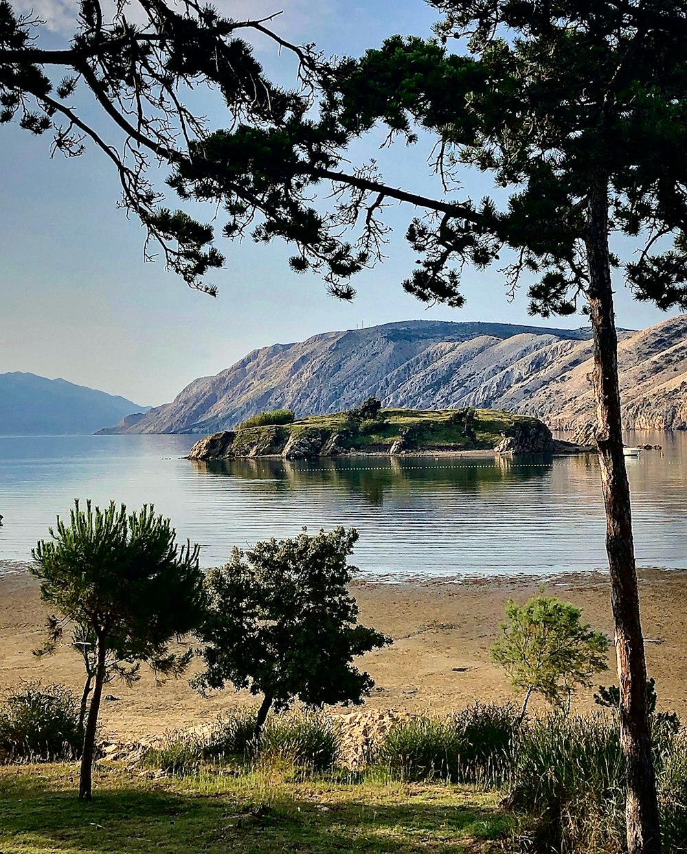 a body of water with trees and a land with a mountain in the background