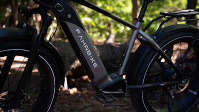 A close-up view of an electric bike with the brand name 'Fahrrbike' on the battery compartment. The bike features thick tires and a robust frame, set against a backdrop of a wooded area with dappled sunlight filtering through the trees.