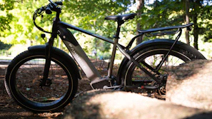 A sleek e-bike parked on a forest trail with sunlight filtering through the trees.