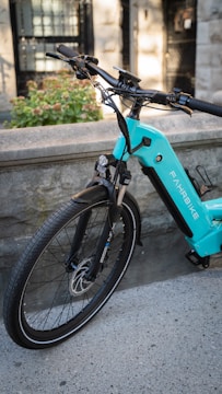 A teal-colored electric bicycle is parked against a stone wall, partially in the shade. The bike features a prominent frame design with a label that reads 'Fahrbike'. The front wheel has a disc brake, and the handlebars are equipped with various components. In the background, there is a blurred view of a garden with green foliage and a building with stone and metal elements.