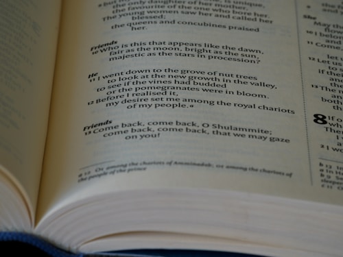 A close-up of an open book displaying text in a poetic format with multiple sections and line numbers, indicating a structured and possibly religious or literary content.