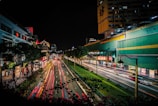 A colorful urban scene with dynamic movement and light trails.