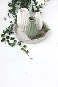 Three ceramic vases sit on a concrete tray, surrounded by green trailing vines. The vases have a textured surface and come in varying sizes and shapes. Two vases are off-white, and one is green. The background is a clean, white surface with scattered tiny dark specks.