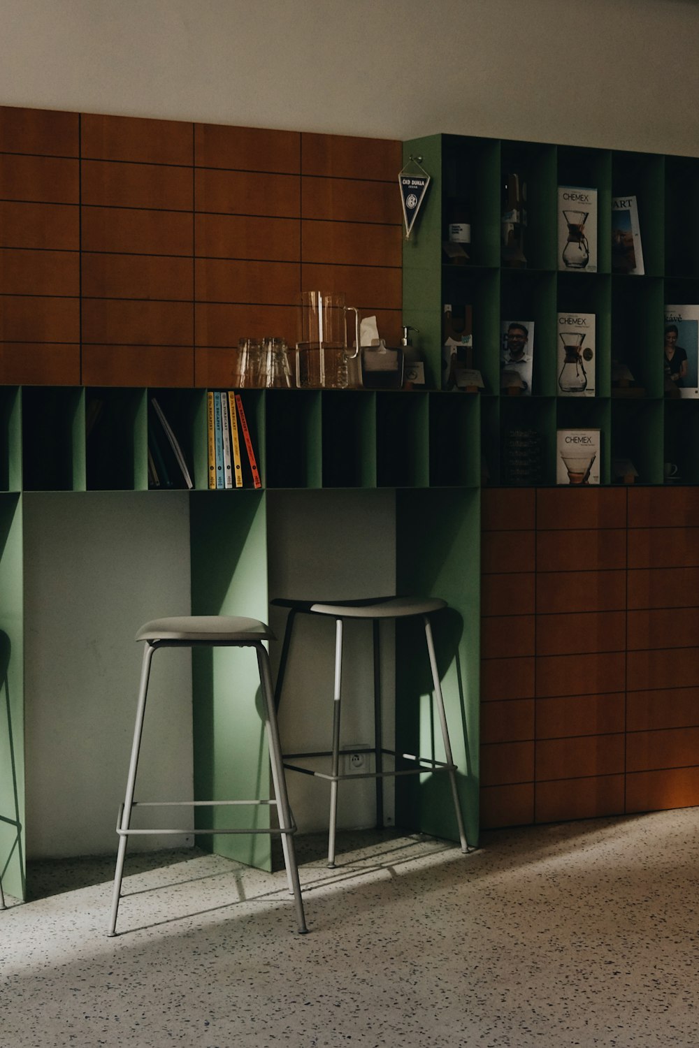 a room with a shelf of books