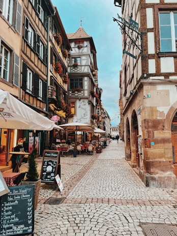 A charming European cobblestone alleyway lined with cozy cafes and flower boxes.