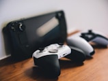 a video game console and controller