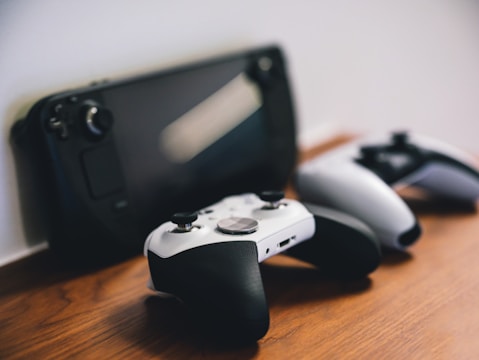 a video game console and controller