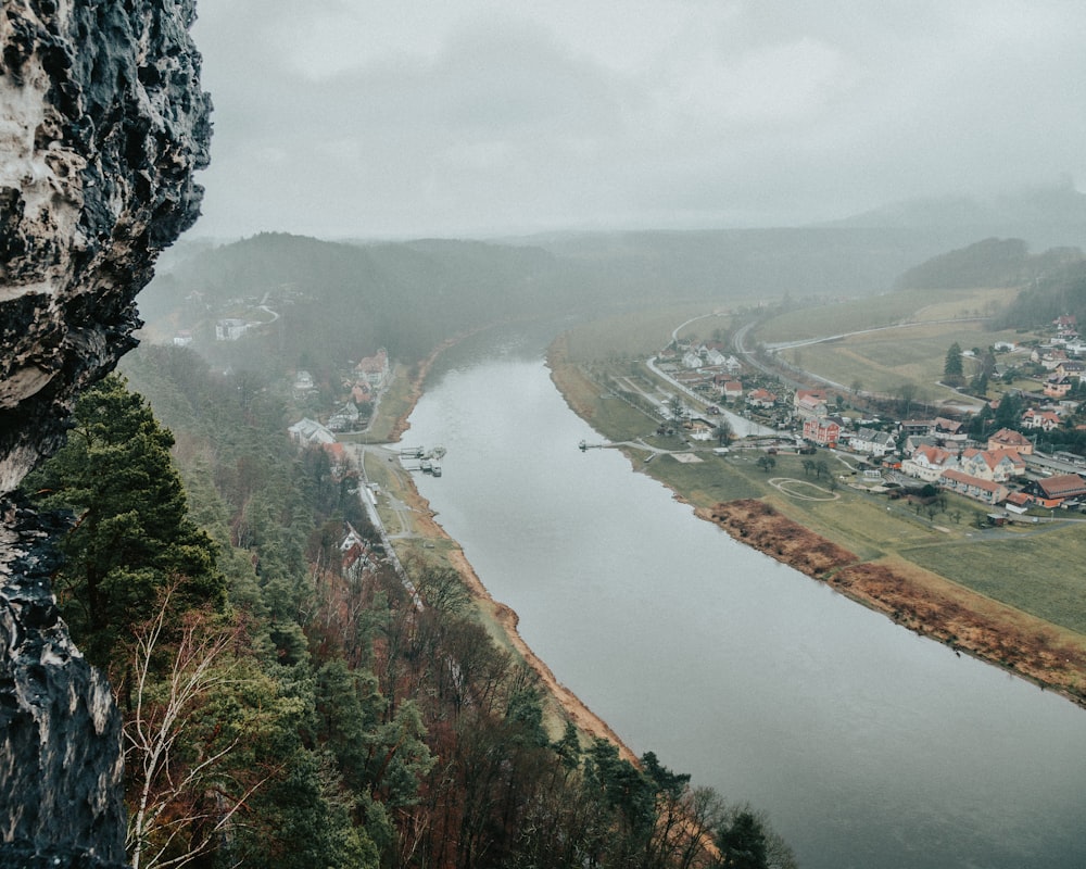 a river with a city in the background