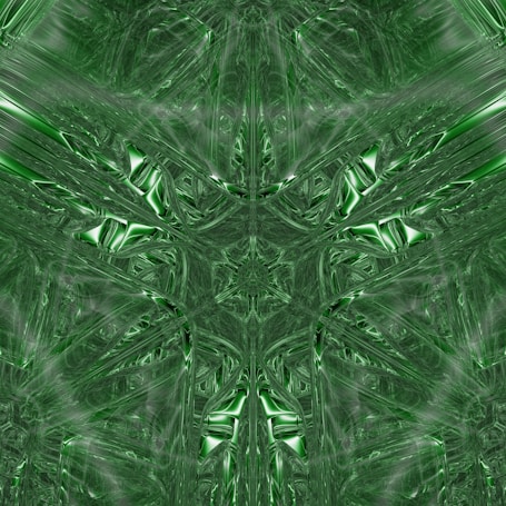 An intricate fractal pattern consisting of symmetrical shapes and lines. The design is primarily green, giving it a futuristic and abstract feel. The pattern consists of interwoven, shiny, metallic-like surfaces that create a sense of depth and complexity.