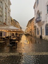 A picturesque cobblestone street glistens with rain, bordered by elegant historical buildings with ornate architectural features. Warm string lights hang overhead, casting a cozy glow on outdoor seating areas sheltered by awnings. The ambiance suggests a quiet, serene evening in a charming European town.