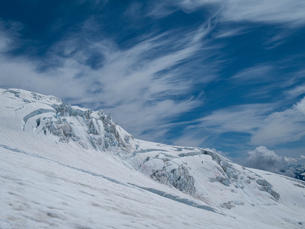 a snowy mountain with clouds