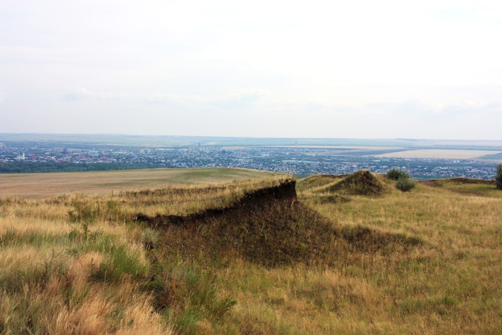 a grassy hill with a city in the distance