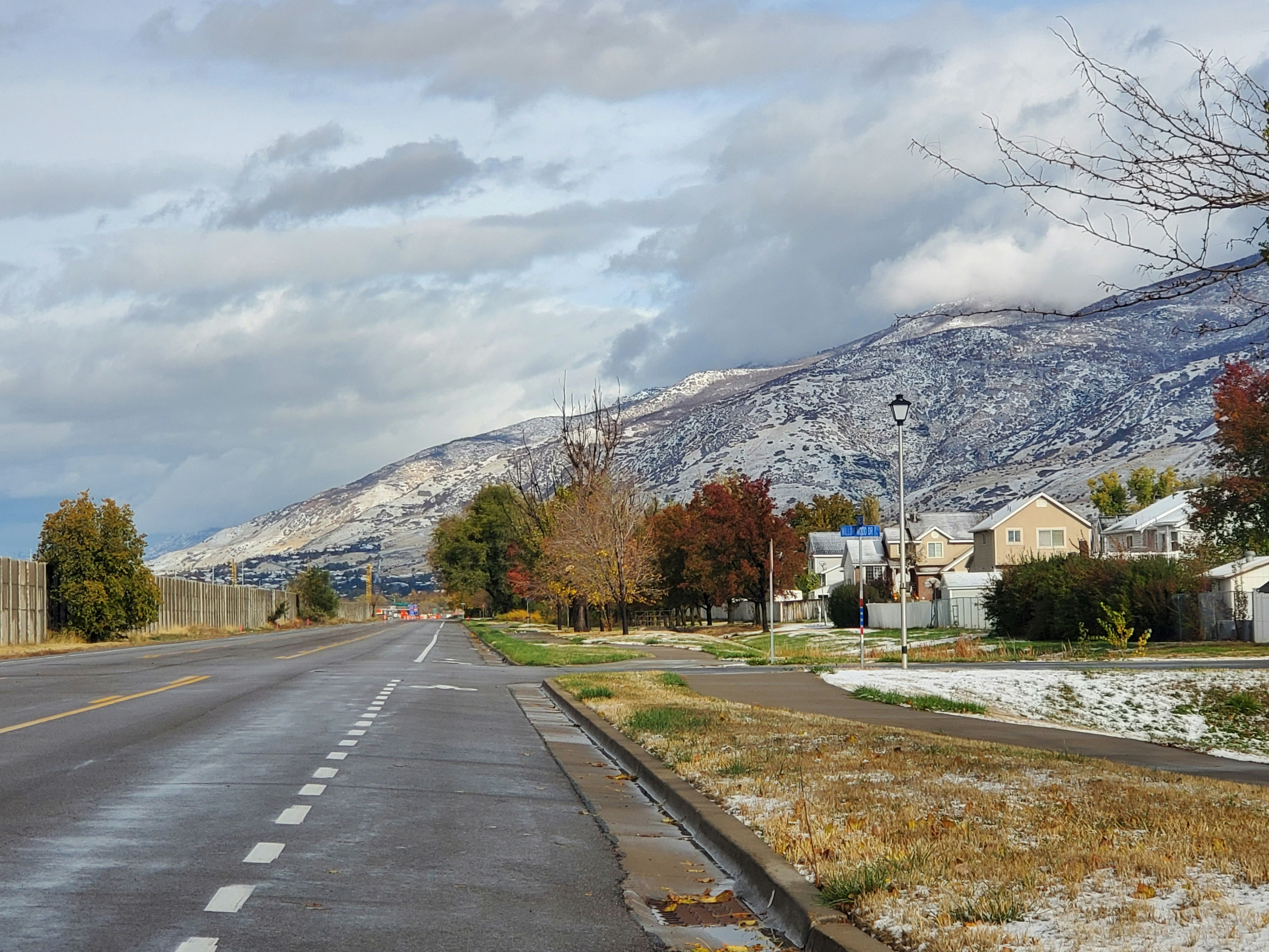 a road with houses and trees on the side with mountains in the background
