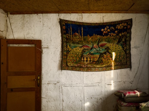 Canvas tapestry with earthy tones hanging on a cozy living room wall.