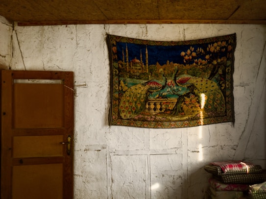 A room with a rustic, textured white wall. A colorful tapestry featuring peacocks and an ornate landscape is hung prominently. Below the tapestry is a stack of patterned cushions. The room has a wooden door with a simple latch and a warm, natural ambiance from light filtering in.