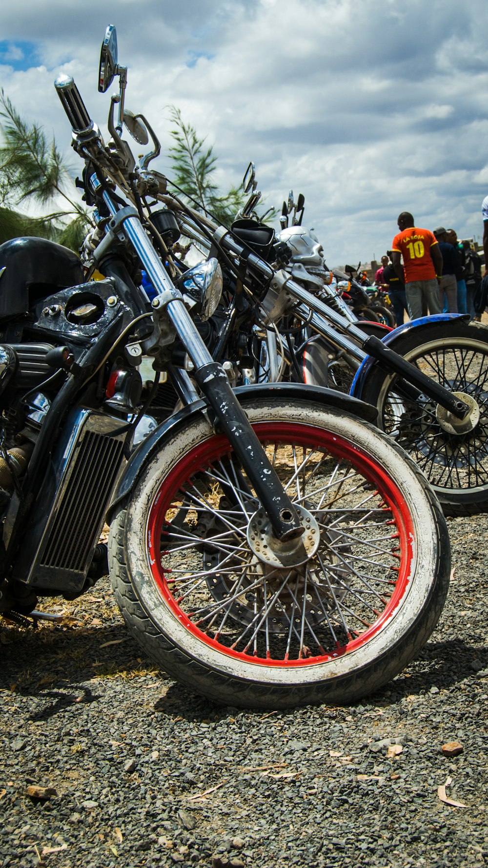 a motorcycle parked on the side of a road