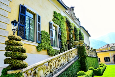 A grand estate features intricate architectural details with lush ivy climbing the exterior. Manicured topiary shrubs line a decorative stone railing, and a classic lantern adds an elegant touch. The building is painted in a soft yellow hue, accented with black shutters. Rolling hills or mountains can be seen in the background.