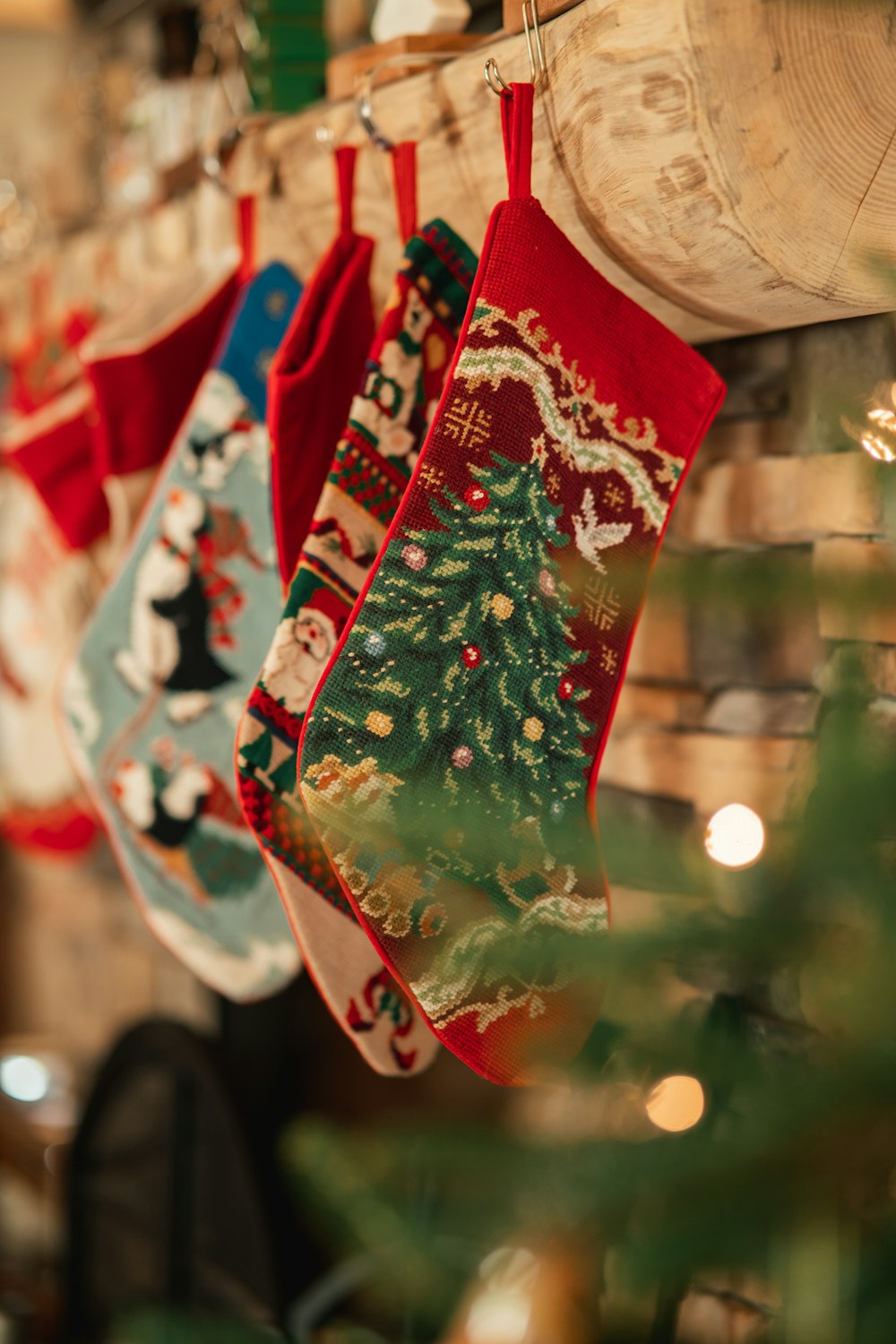 a christmas tree with a red and white cloth from it