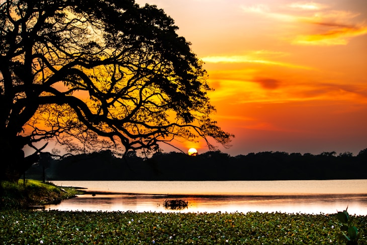a sunset over a lake
