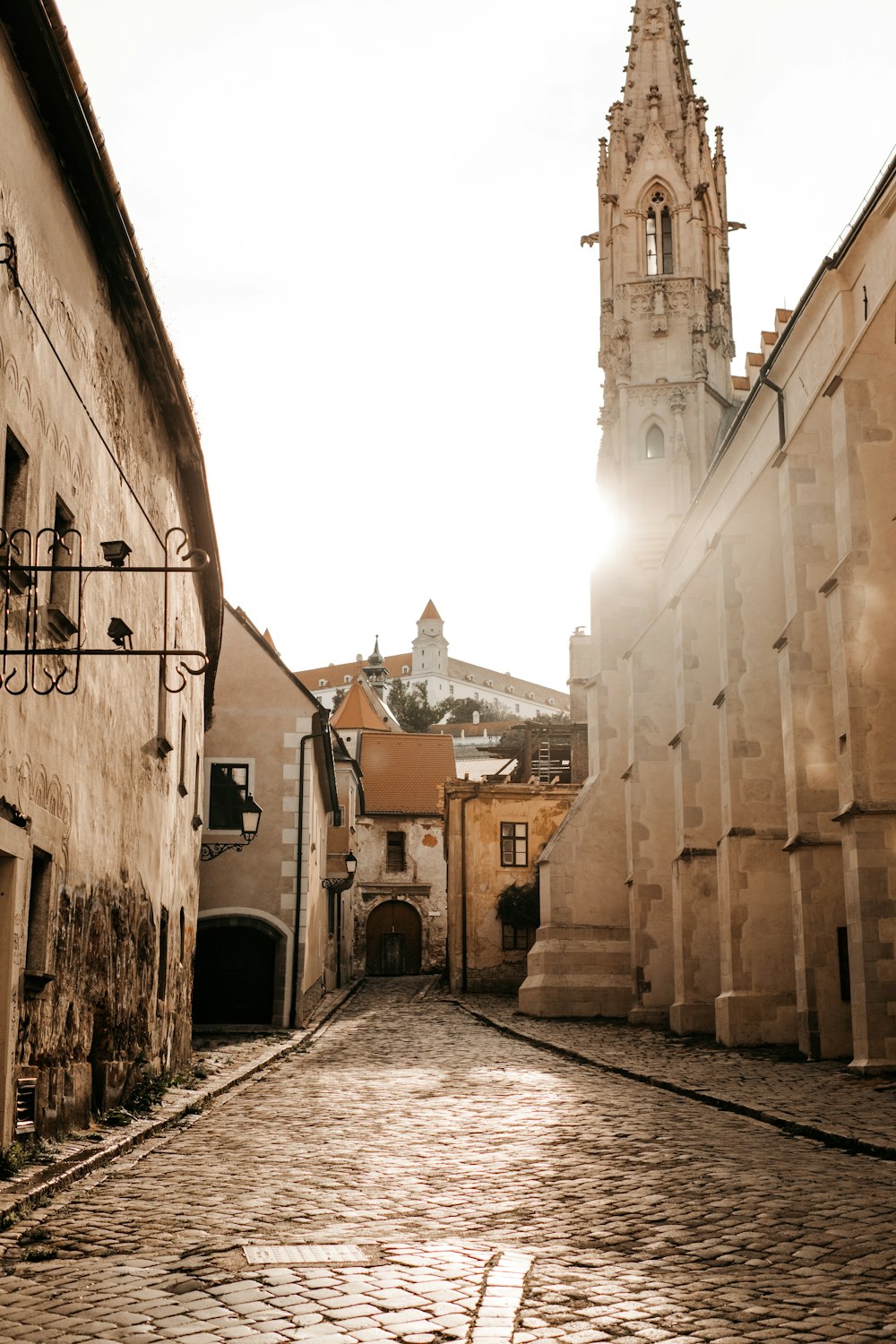 a cobblestone street with buildings on either side of it