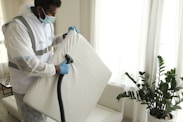 A person wearing protective clothing, a face mask, and gloves is cleaning a white cushioned furniture piece using a vacuum cleaner. The setting appears to be indoors with bright natural light streaming in through large windows. A green potted plant is placed next to a white sofa, adding a touch of nature to the clean and tidy environment.