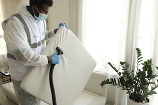 Professional cleaner in uniform carefully dusting shelves in a cozy home.