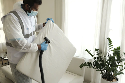 Professional cleaner in light blue uniform carefully dusting an office desk, highlighting attention to detail.