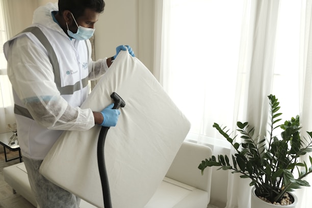 A person wearing protective clothing, a face mask, and gloves is cleaning a white cushioned furniture piece using a vacuum cleaner. The setting appears to be indoors with bright natural light streaming in through large windows. A green potted plant is placed next to a white sofa, adding a touch of nature to the clean and tidy environment.