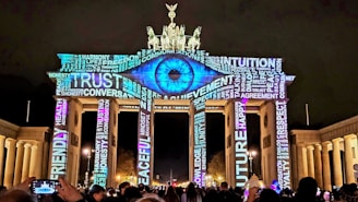 Photo of the Brandenburg Gate at sunset with warm light.