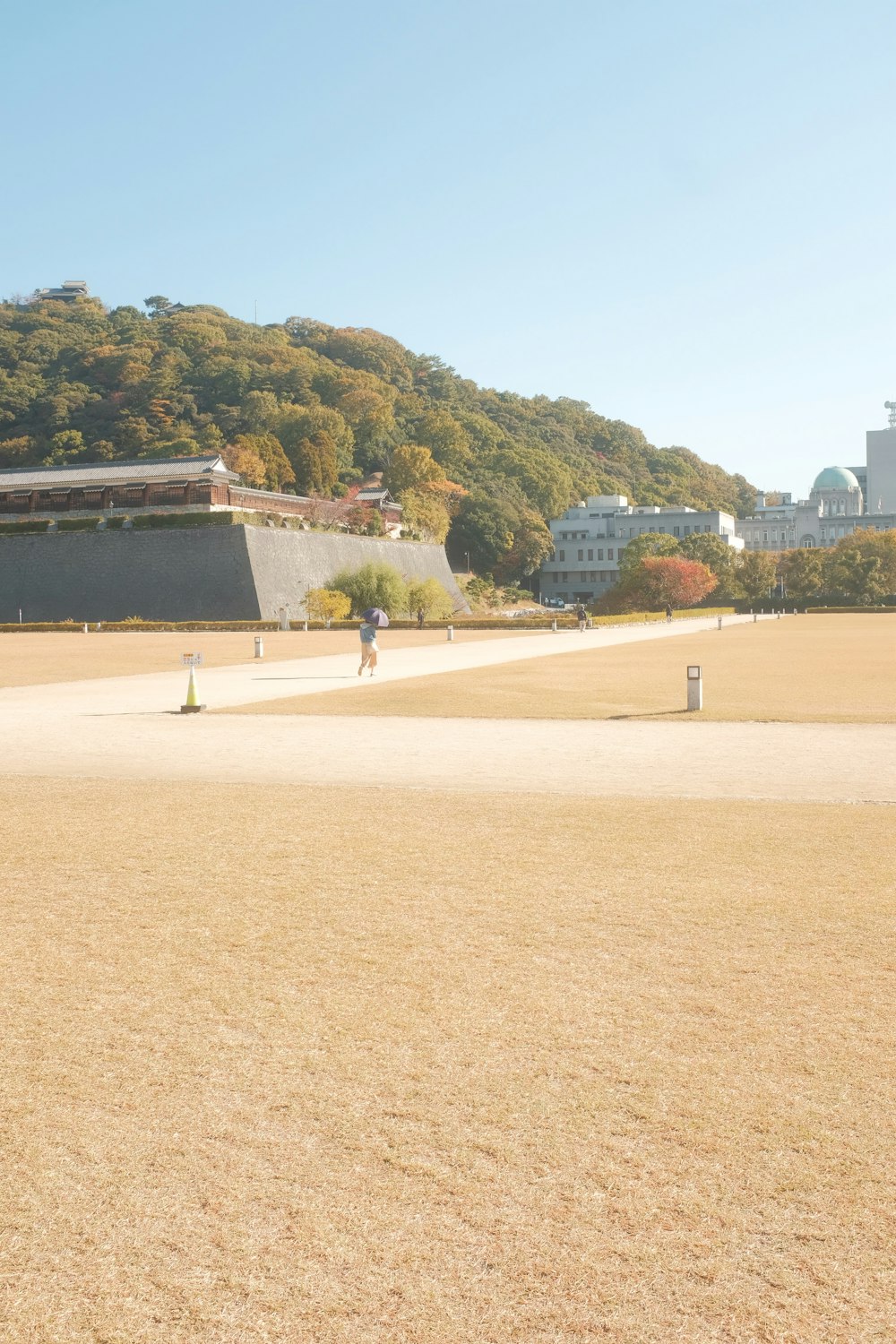 a person walking on a path near a hill and buildings