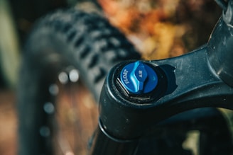 Close-up of a bicycle suspension fork showing a blue adjustment knob labeled 'FLOAT' and 'AIR'. The bike's fat tire and frame are visible in the background.