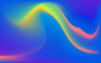 A vibrant digital abstract art piece featuring smooth, flowing curves with a gradient of colors transitioning from green and yellow to orange, against a backdrop of deep blue and purple tones.