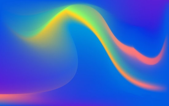A vibrant digital abstract art piece featuring smooth, flowing curves with a gradient of colors transitioning from green and yellow to orange, against a backdrop of deep blue and purple tones.