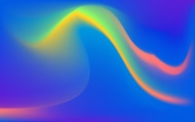 A vibrant digital abstract art piece featuring smooth, flowing curves with a gradient of colors transitioning from green and yellow to orange, against a backdrop of deep blue and purple tones.