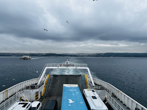 A ferry is traveling across a body of water with a cloudy sky overhead. Seagulls fly above the ferry and another ferry is visible in the distance. The deck is lined with a few parked vehicles, and the view shows a distant shoreline with buildings stretching across the horizon.