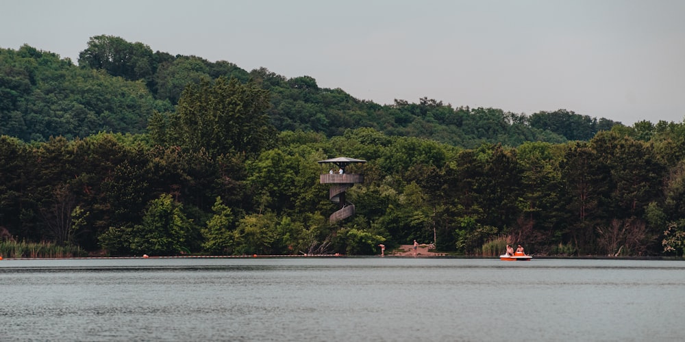 a body of water with trees around it