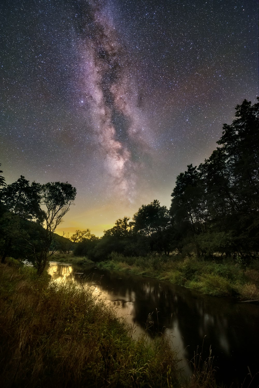 a river with trees and a starry sky above