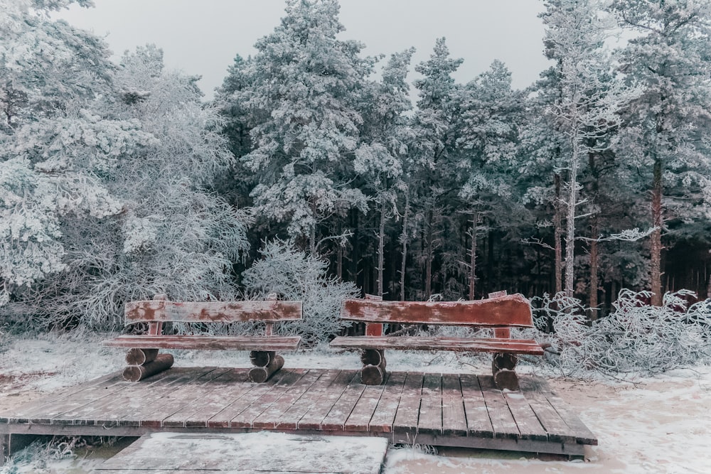 a couple of benches on a deck in the snow