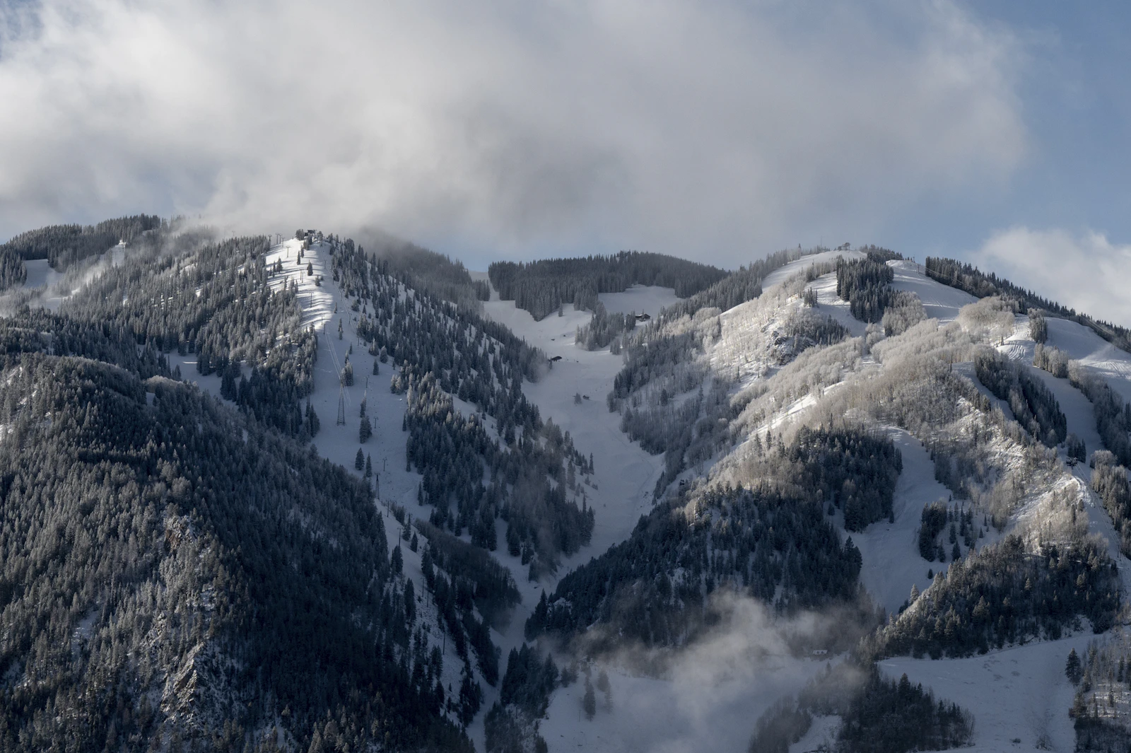 Snow-covered slopes and evergreen forests in Aspen